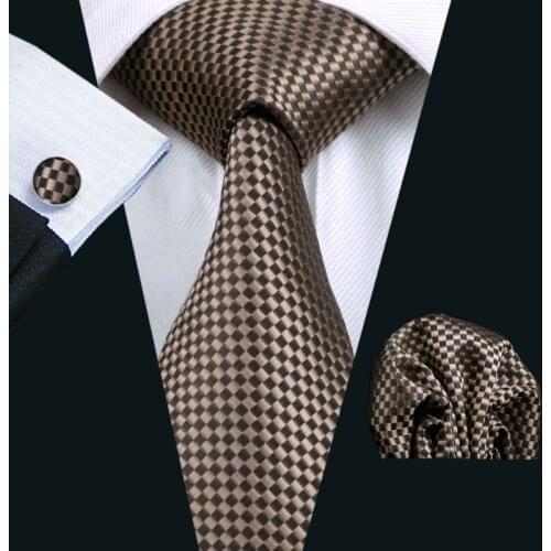 LS-833 Mens Tie Brown Geometric 100% Silk Classic Barry.Wang Gravata Tie+Hanky+Cufflinks Set For Men Formal Wedding Party