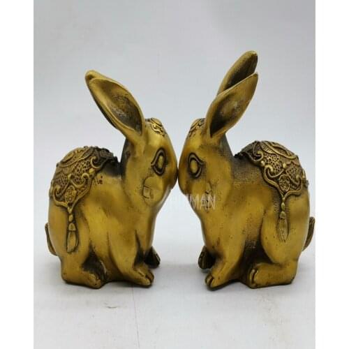 China Brass Statue Luck Wealth 2 Rabbit Metal Crafts Home Decoration