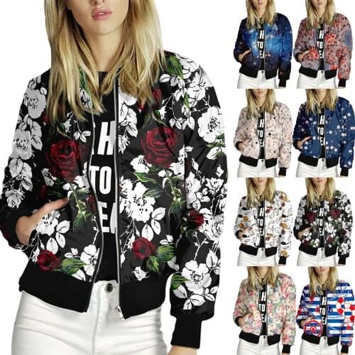 Fashion Flower Leaves Printing Women Jacket Long Sleeve Lady Baseball Sports Outwear Overcoat Jacket Zipper Coat chaqueta mujer