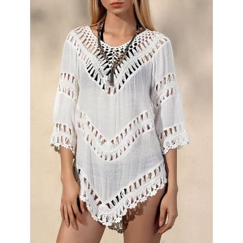 H80&S90 New Women Crochet Hollow Out Flounce Beach Dress Tunic Cover Up Bikini Swimwear Handmade Robe De Plage Beachwear Tops