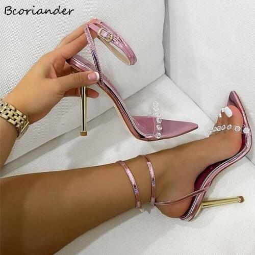New Women Sandals Crystal Sexy Shoes for Women Pointed Toe Open Toe Thin High Heels Crystal Shiny Sandals Silver Wedding Sandals