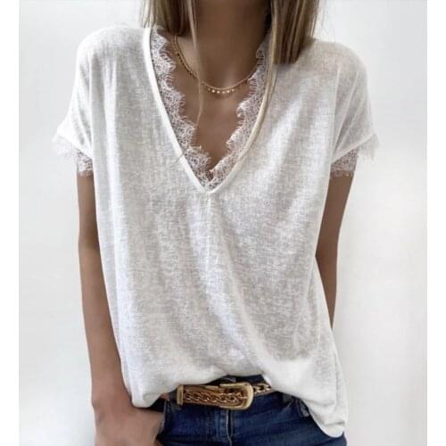 Summer solid short sleeve v neck lace trim patchwork t-shirts One piece plus size tops White black pink camisetas tallas grandes