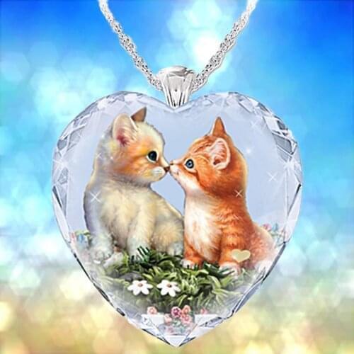 Cat Crystal Glass Women Necklace Pendant Cute Sweet Women Heart Shaped Necklace Pendant Jewelry Accessories