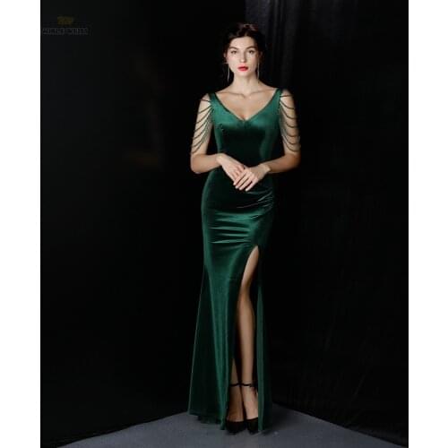 Dresses Woman Party Night V-Neck Beading Evening Dresses VELOUR Prom Dresses
