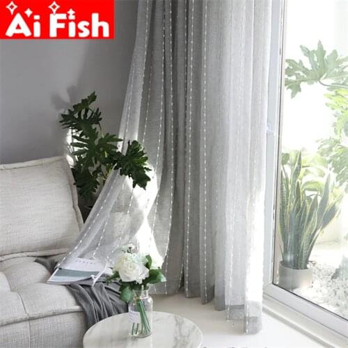Nordic Gray Linen Yarn Curtains Striped Curtains With Cotton Balls For Living Room Bedroom Tulle Curtains Cortinas Rideaux 066-3
