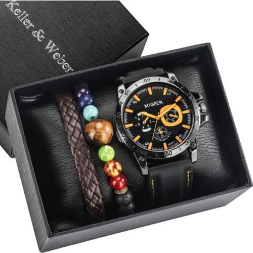 Special Mens Watch Bracelet Gift Set Quartz Yellow Dial Silicone Pin Buckle Strap Brown Adjustable Bangle Best Present for Boys