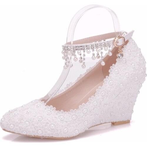 Shoes Woman Pumps wedding Party banquet Lace PU Rhinestones Buckle Strap 8CM Wedges High Heels Pointed Toe women shoes size35-42
