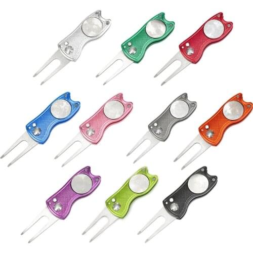 Stainless Steel Folding Golf Divot Repair Fork with Magnetic Button Pitch Groove Remover Cleaner Pitchfork Switchblade Tool