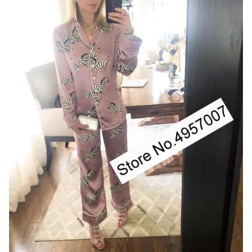 Elfbop Women Silk Satin Notched Long Sleeve Printing Pajamas Blouse Shirt - Ladies Shorts With Bow Ties - Long Bow Ties Waist Pa