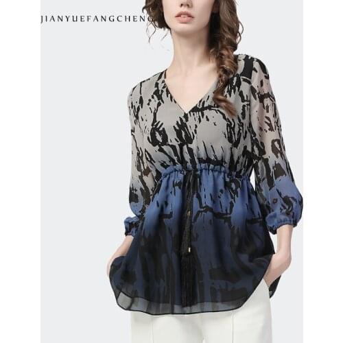 Fashion Printed Spliced Chiffon Blouse Women Summer Tops V-Neck Adjustable Drawstring Loose Half Sleeves Temperament Casual Tops