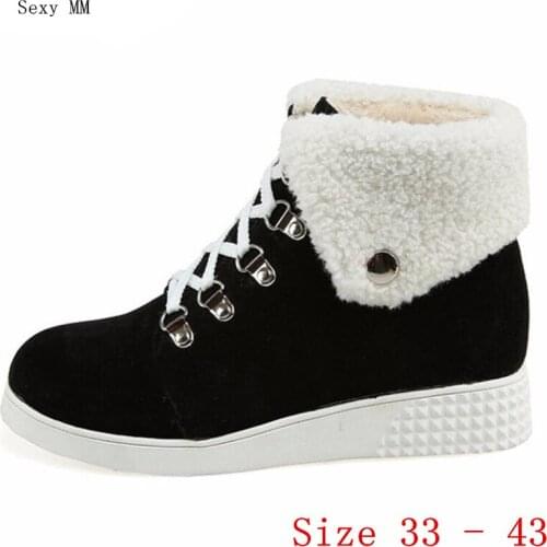 High Quality Nubuck Leather Winter Warm Woman Flat Ankle Snow Boots Lace-Up Women Shoes Short Boots Plus Size 34-40.41,42,43
