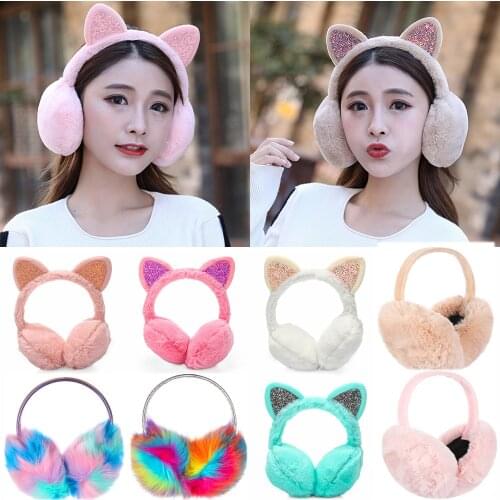 Women Winter Warm Earmuffs Cat Ears Headbands Ear Protector Warmer Outdoor Plush Earmuff Sequin Earmuffs Fluffy Foldable Earflap