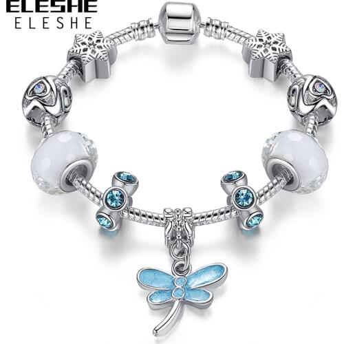 ELESHE Blue Cute Butterfly Charm Bracelet for Women with Murano Glass Beads Silver Plated Brand Bracelet Jewelry Clearance Sale
