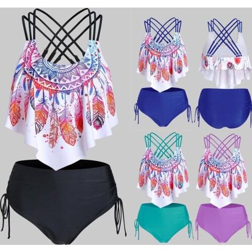 #H30 Women Feather Print Push Up Bikini Set Bathing Suit Padded Flounce Crisscross Tankini Tankini Swimsuits Women Swimwear
