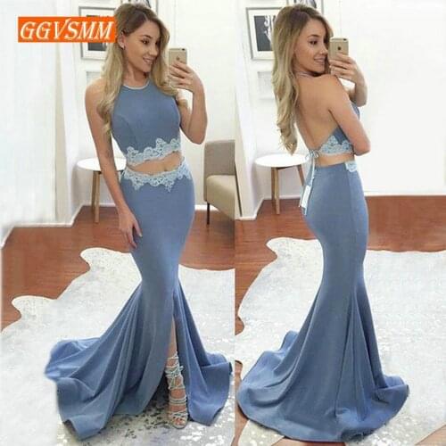 Sexy Blue Mermaid Long Evening Dress 2020 Formal Party Gowns Women Halter Neck Elastic Satin Appliques Backless bandage Dresses