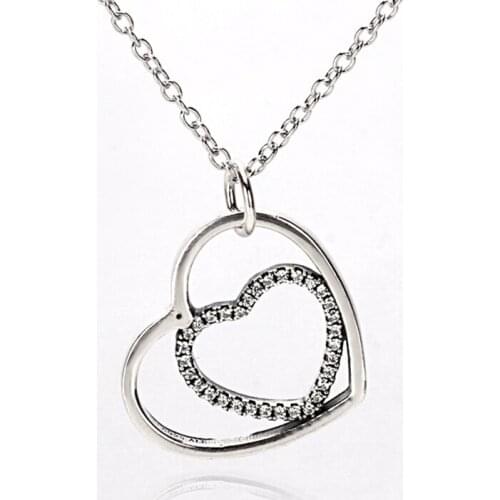 Sweet 925 Sterling Silver Love Pendant Fall in love Heart to Heart Clear CZ Necklace for Women Fashion Jewelry