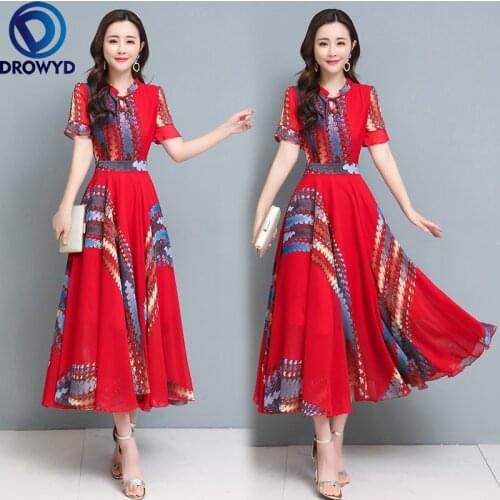 2021 Spring Summer Printed Dress Chiffon Short Sleeve Temperament Red Black Dress Women Plus Size Boho Beach Clothes Vestidos