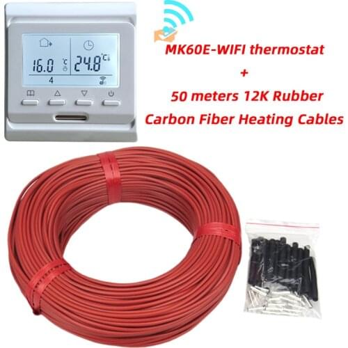 12K 50m 33ohm/m Infrared Carbon Fiber Heating Wire Silicone Rubber Warm Floor Heating Cable with Thermostat