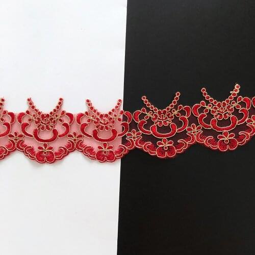 2yards hot sale Polyester gold line red flower Embroidery Lace Trim fabric for Bridal Wedding Gown Costume Design Lace Ribbon