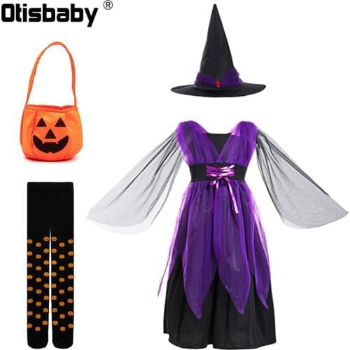 2021 Halloween Carnival Children Purple Witch Costume Girls Vampire Dress Role Play Performance Dress Up Hat Pumpkin Candy Bag