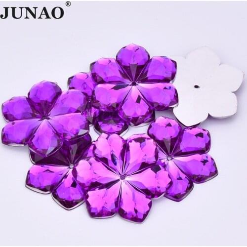 JUNAO 50pcs 28mm Dark Purple Flower Crystal Rhinestones Sewing Large Strass Applique Flatback Acrylic Stones for Decoration