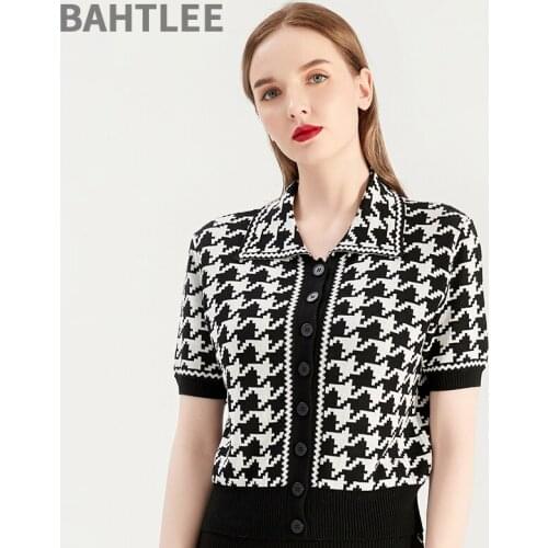 BAHTLEE Women Summer Tencel Cardigan Houndstooth Knitted Singel Breasted Short Sleeveles Button Turn Down Collar Sweaters