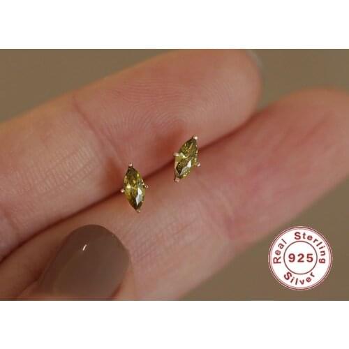 CCFJOYAS 925 Sterling Silver 14K Gold-plated Olive Green Horse eye Stud Earrings for Women simple Korean Green Zircon Earrings