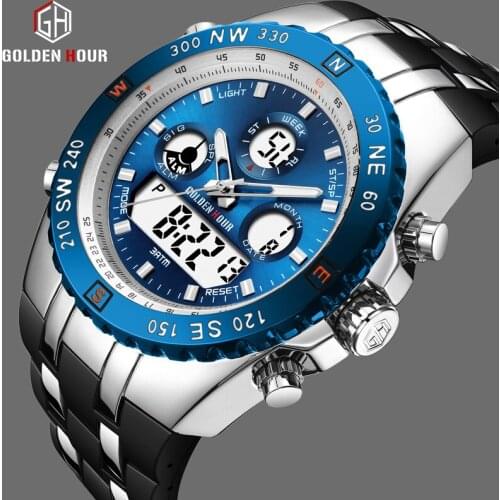 GOLDENHOUR Men Analog Digital Watches Fashion Silver Blue Quartz Watch Mens Luxury Business Wrist Watch Male Big Dial Clock