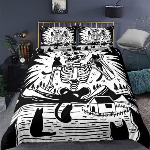 Black White Skull Cat Horror Duvet Cover Set 3D Printed Gothic Skeleton Bedding Set Soft Queen Comforter Cover with Zipper