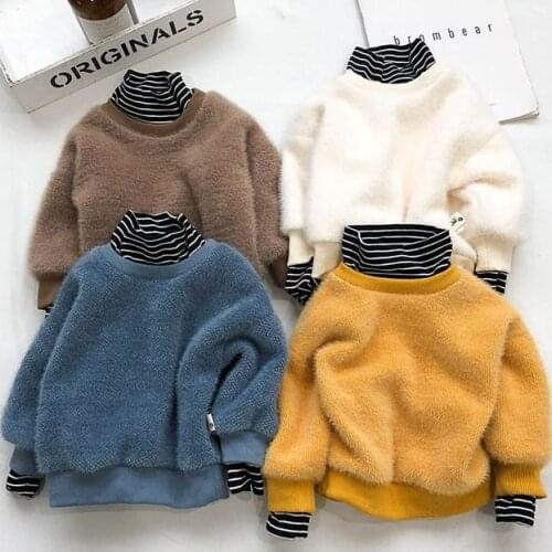 Kids Sweaters Autumn Winter High Quality Thicken Plus Velvet Sweater for Boys Stripe Turtleneck Fake Two Pieces Girls Pullover