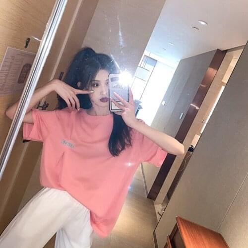 Cotton loose large size mid-length embroidery round neck student short-sleeved T-shirt female summer all-match