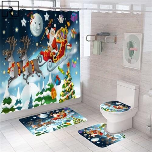 Blue Cartoon Santa Printed Christmas Shower Curtain Cute Holiday Home Decor Elk Toilet Bath Mat Set Rugs Carpets WC Accessories
