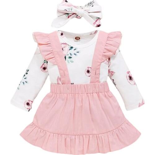 Pudcoco Baby Clothes Set, Fox Print Long Sleeve O-neck Romper+Solid Color Suspender Skirt+Bow-knot Headband 0-24M