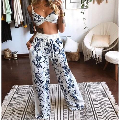 Two-Piece Suit Summer Tracksuit Sets Womens Outfits Boho Beach Style Print Underwear Loose Wide Leg Pants Ropa Mujer Подходить