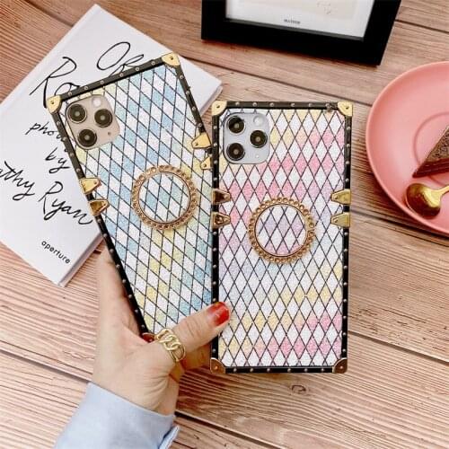 Fashion Square Gradient Phone case For iPhone 12Mini 11 Pro XS Max XR 7 8 Plus Bling Ring Holder Cover coque For Samsung S20 S10