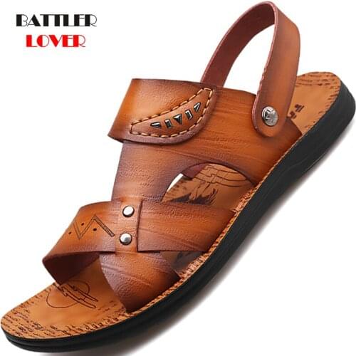 Men Summer Sandals Genuine Leather Comfortable Slip-on Casual Sandalies Fashion for Male Slippers Zapatillas Hombre Size 37-48