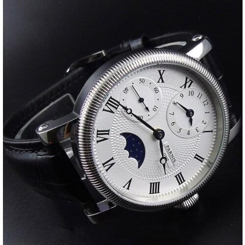 Parnis 42mm Handwind Mechanical Watch Men Wrist Stainless Steel Case Leather Strap Waterproof GMT Moon Phase Wristwatch Men