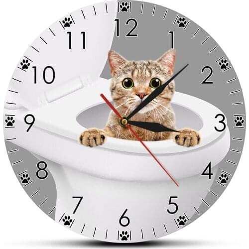 Funny Kitty Cat Peeking From Toilet Modern Design Printed Wall Clock Cat Pet Shop Powder Room Hanging Watch Reloj Pared