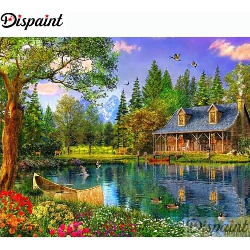 Dispaint Full Square/Round Drill 5D DIY Diamond Painting "Wooden house boat" Embroidery Cross Stitch 3D Home Decor A11326