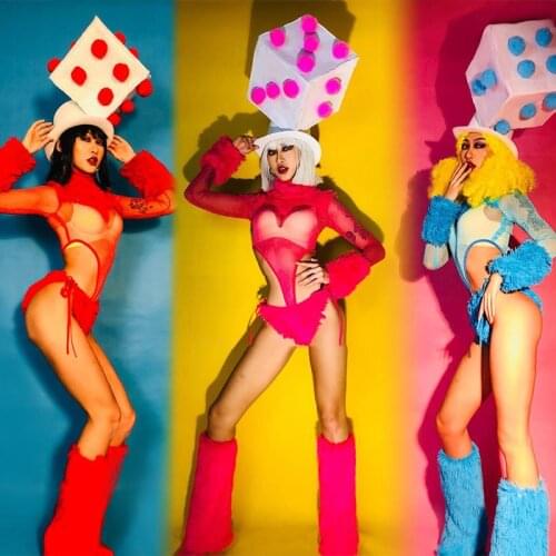 New Festival Outfit Jazz Costume Sexy Mesh Cutout Bodysuit Dice Hat Nightclub Bar Singer Dj Ds Stage Show Rave Clothing DN5715