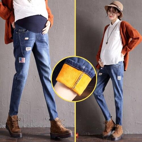Pregnancy Clothes Winter Denim Blue Color Pregnant bigger Jeans Elastica Abdominal Plus Velvet loose Jeans For Pregnant Women