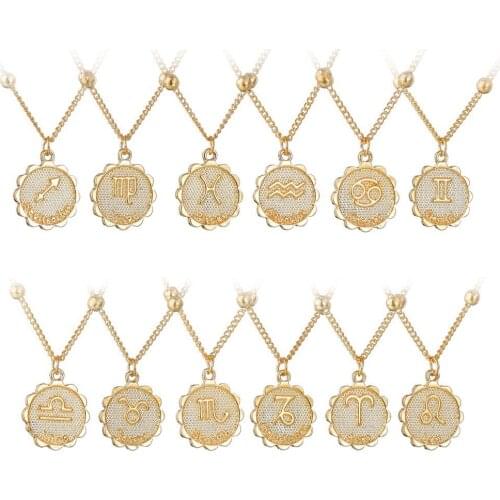 Twelve Horoscope Coin Necklace Simple Copper Leo Beads Clavicle Chain Necklace Sexy Couple Jewelry Women Gold Color Pendant Gift