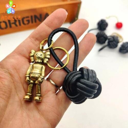 Handmade 100% Leather Key Chain Key Ring Black Pendant Knit Braid Ball with Solid brass Split ring Free shipping Hot