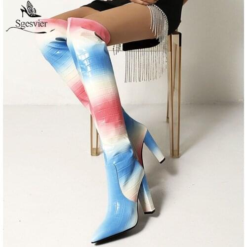 Sgesvier 2021 Over The Knee Boots Sexy Party Slip On Novelty Pointed Toe Alligator Texture Block Heel Blue Yellow Pink Party