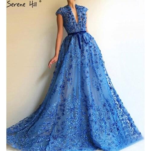 Blue A-Line Handmade Flowers Pearls Evening Dresses 2021 V-Neck Cap Sleeve Sexy Formal Dress Serene Hill LA70547