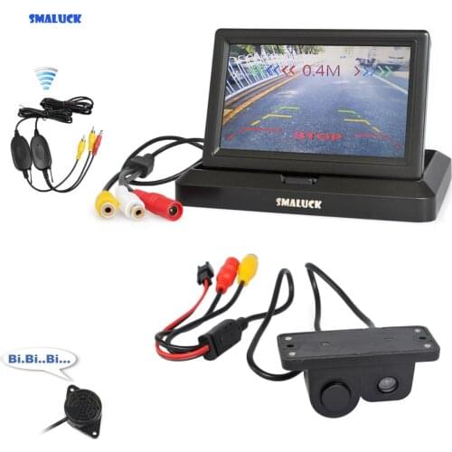 SMALUCK Wireless 5“ Foldable Car Monitor Rear View Monitor Parking Radar Sensor 2 in 1 Car Camera Parking System