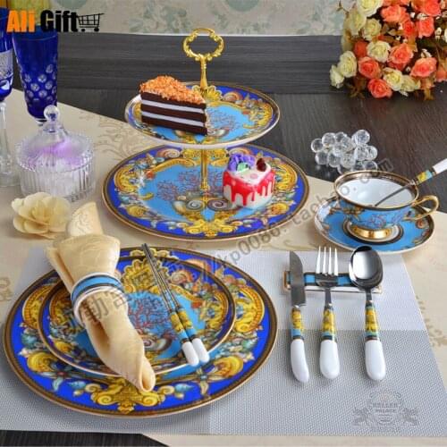 European Bone China Tableware 12 Piece Suit Western Food Coffee Cup Plate Knife Fork Spoon Chopsticks Double Layer Snack Plate