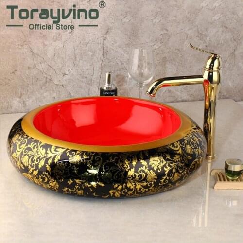 Torayvino Luxury Painted Basin Set Golden Bathroom Faucet Counter Top Basin Sink Single Hand Vanity Sink Hot Mixer Water Tap
