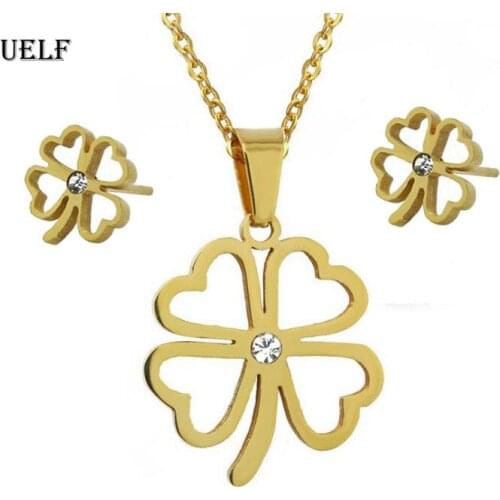 UELF Stainless Steel Pendant Necklace Earrings Set Fashion Jewelry Trendy Clover Style Austrian Crystal Women Engagement