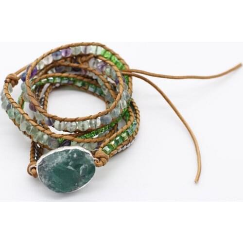Green fluorite focus bracelet hand knitting with leather cord vintage style for men and women factory price